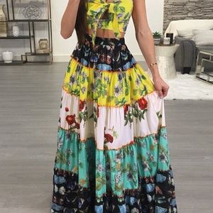 Boho Floral Print Strapless Top & Maxi Skirts Set